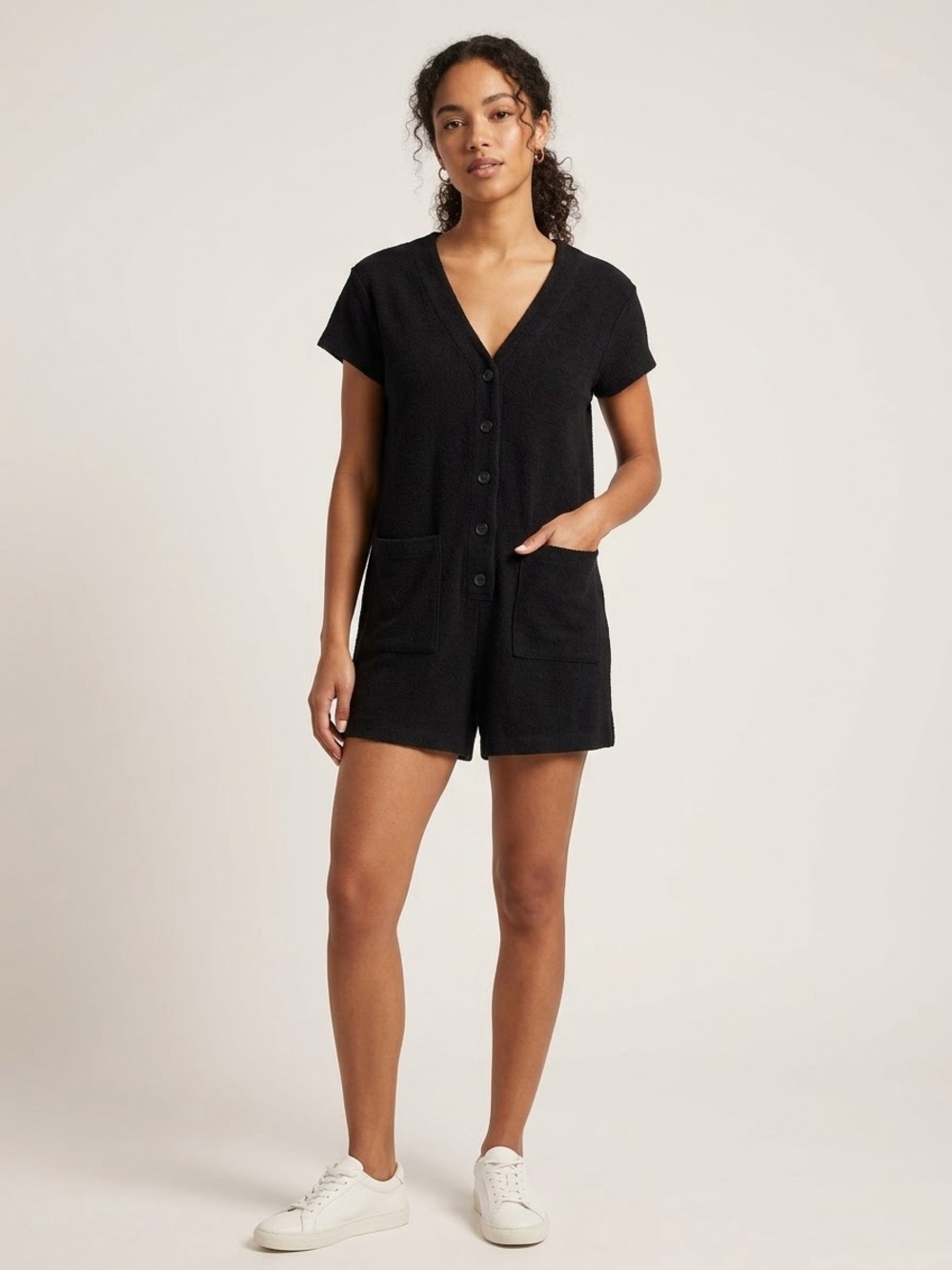 Madewell Black Terry Knit V-Neck Button-Front Romper Size M